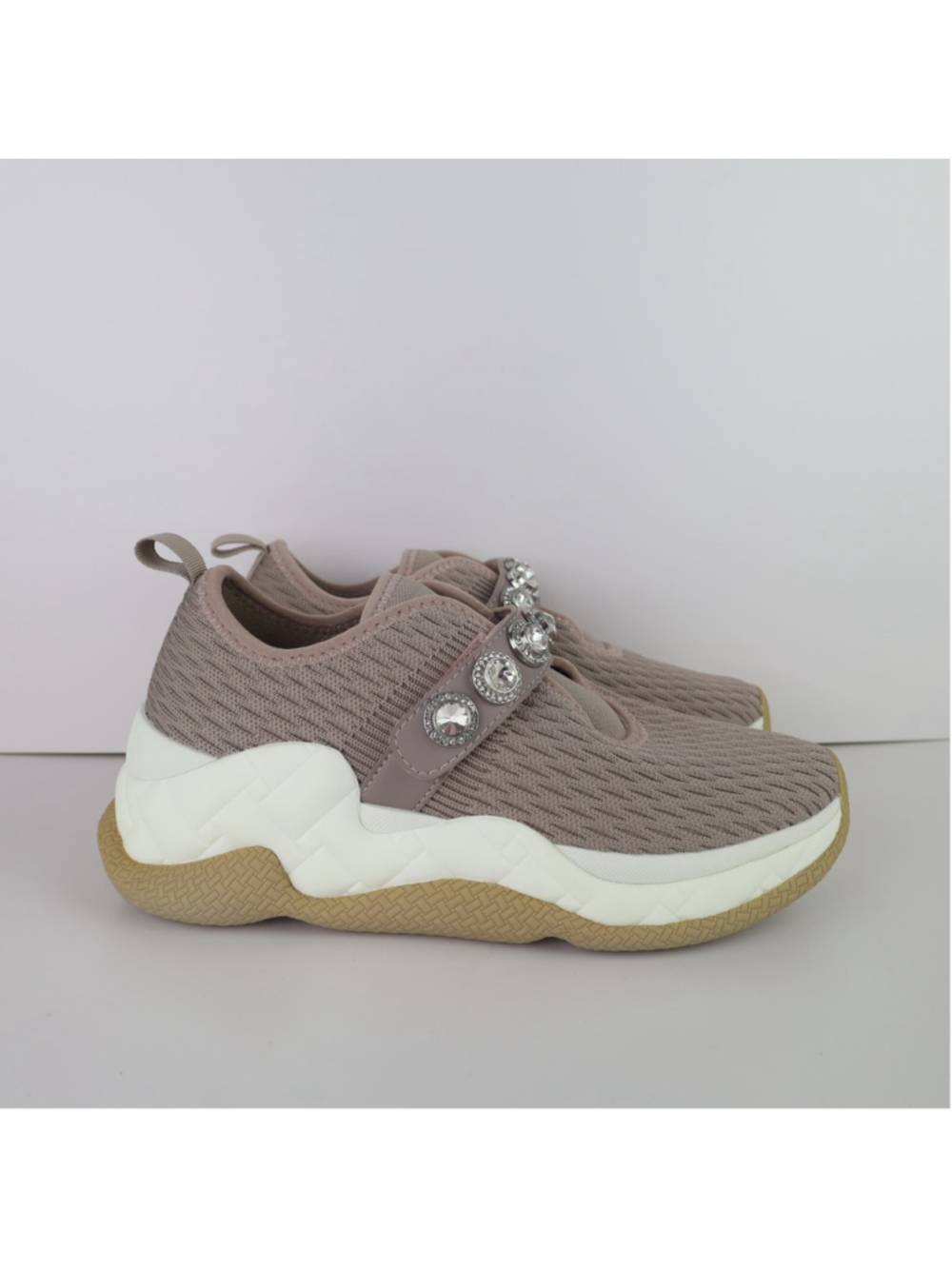 Kurt Geiger Taupe Knit Slip-On Sneakers with Crystal Embellishment